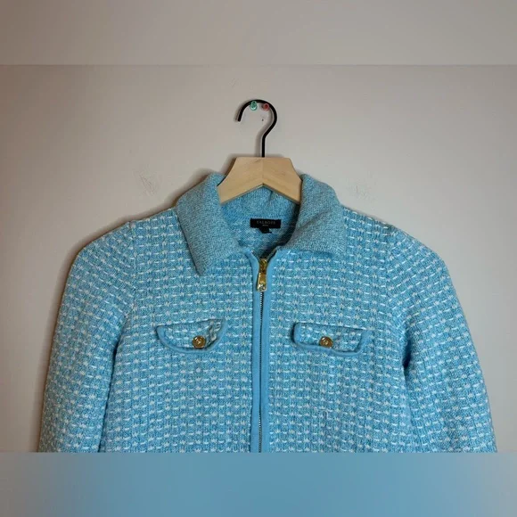 Women’s Talbots collared zip cardigan jacket light blue&white tweed size SP - Picture 2 of 10